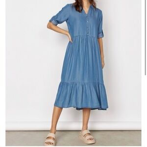 Soya Concept Liv Tiered Denim Midi Dress Lyocell Chambray Cottagecore Minimalist